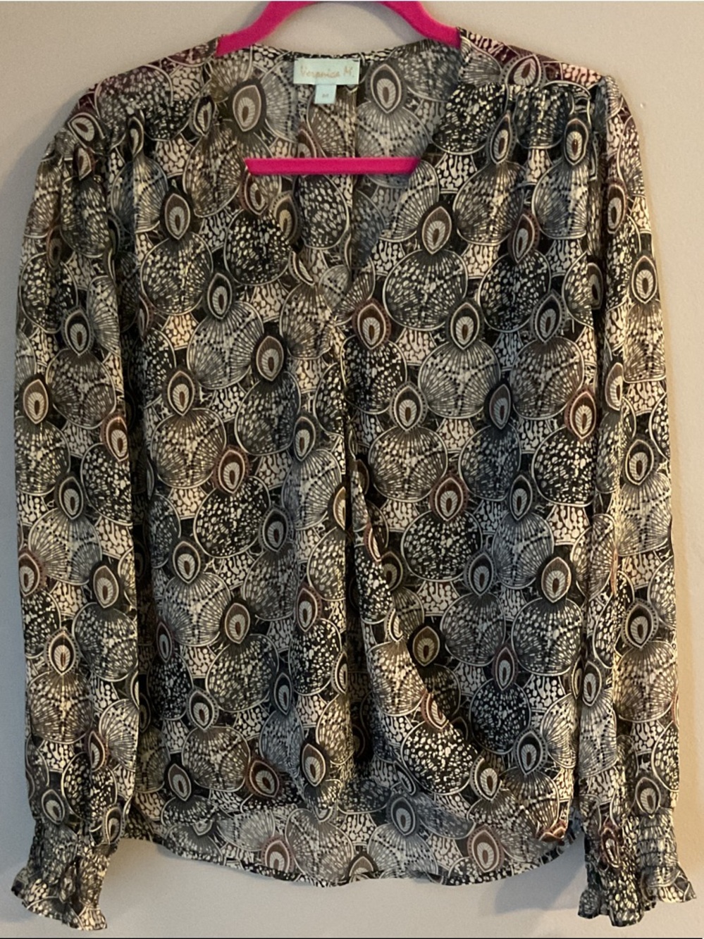 Veronica M Black and Cream Abstract Pebble-Print Long-Sleeve Blouse